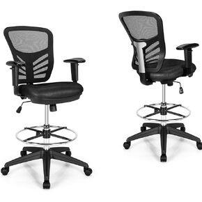 Giantex Drafting Chair, Standing Desk Chair with Lumbar Support, Footrest Ring & Armrests, Height Adjustable Executive Rolling Stool Computer Task Chair, Ergonomic Tall Office Chair, Black
