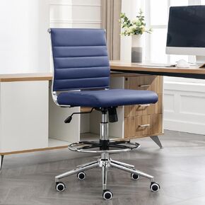 Okeysen Drafting Chair Armless Desk Stool, 400 LBS Ergonomic Leather Tall Office Chair with Adjustable Foot Ring, Modern Standing Desk Chair with Ribbed Mid Back, Swivel Rolling Drafting Stool.