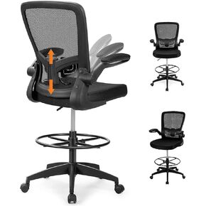 Giantex Drafting Chair, Ergonomic Tall Office Chair with Adjustable Lumbar Support & Footrest Ring, Executive Computer Standing Desk Chair with Flip-up Armrests, High Back Office Rolling Stool, Black