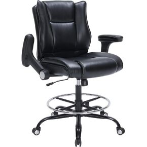 Drafting Chair, Tall Office Chair with Padded Adjustable Arms and Footring PU Leather Standing Desk Chair with Extra Thicken Seat Cushion, Comfy High Office Chair for Counter Height Desk