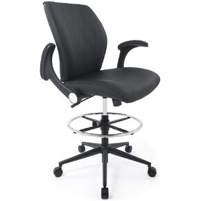 Ergonomic Mid-Back Leather Adjustable Drafting Chair with Flip-up Arms and Foot Ring, Standing-Desk Matched Tall Swivel Computer Office Stool, Black