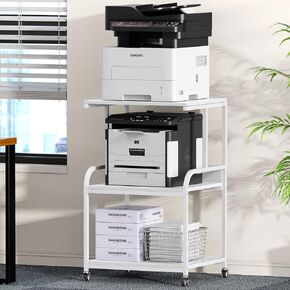 EasyCom Printer Stand- Large 3 Tier Printer Table with Wheels- Industrial Printer Storage Cart- Rolling Printer Cart with Storage Shelf for Printer Scanner Fax Home Office Use- White