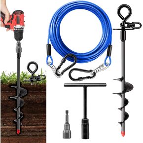Heavy Duty Dog Tie Out Cable and Stake,30FT Rust Proof Dog Leads Cable for Yard with Swivel Hook,360°Swivel Spiral Dog Stake&Chain Up to 200 lbs,Removable Ground Anchor for Outdoor Beach Camping