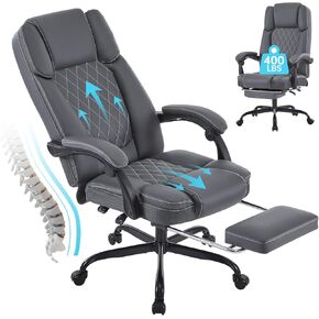 Ergonomic Big and Tall Executive Office Chair with Foot Rest High Back Home Office Desk Chair, Reclining Lumbar Support Swivel Computer Chair with Wheels, Black Leather