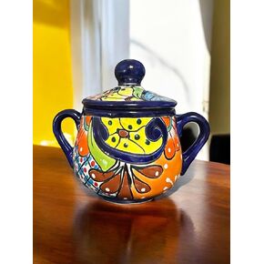 Handmade Colorful Talavera Sugar Jar with Handles | Vibrant Multicolor Ceramic Jar with Lid