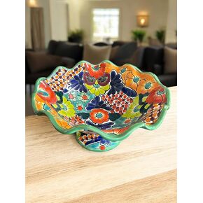 Talavera Pedestal Fruit Bowl - 14" Scalloped Edge Centerpiece - Hand-Painted Mexican Pottery