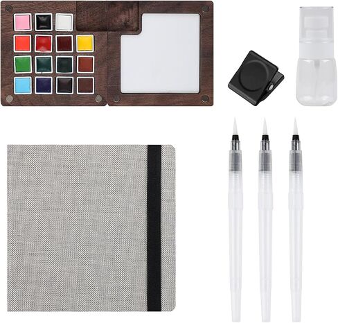 Portable Artist Watercolor Travel Paint Set Watercolor Palette Set Wooden Grid Paint Box Watercolor Paper Pad Watercolor Sketch Book Watercolor Brush Pens Painters Artists in Kuwait