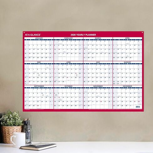 AT-A-GLANCE 2026 Erasable Calendar, Dry Erase Wall Planner, 36" x 24", Large, Vertical/Horizontal, Reversible, Includes Marker (PM262826) in Saudi Arabia