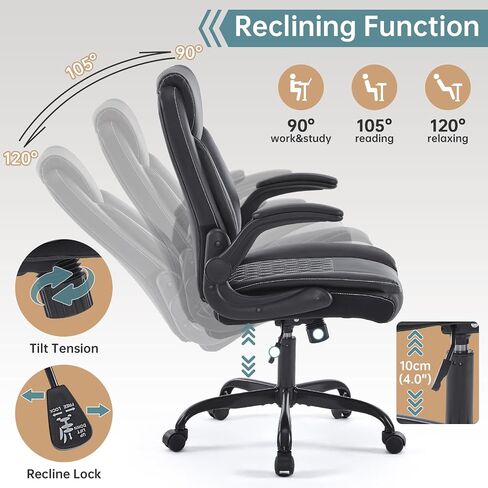 Leather Office Ergonomic Home Office Desk Chair, Back Support Swivel Executive Office Chair with Wheels and Flip-Up Armrests, Small Gaming Chair with Adjustable Rocking Function, Black in Saudi Arabia