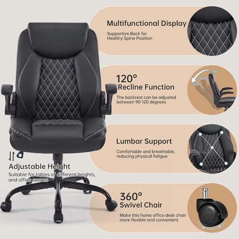 Leather Office Ergonomic Home Office Desk Chair, Back Support Swivel Executive Office Chair with Wheels and Flip-Up Armrests, Small Gaming Chair with Adjustable Rocking Function, Black in Saudi Arabia