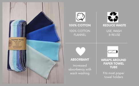 Paperless Towels, 12-12" X 10" Washable Paper Towels, Reusable Paper Towels, 100% Cotton (Blues) in Saudi Arabia