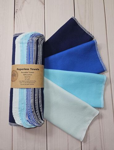 Paperless Towels, 12-12" X 10" Washable Paper Towels, Reusable Paper Towels, 100% Cotton (Blues) in Saudi Arabia