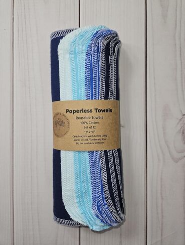 Paperless Towels, 12-12" X 10" Washable Paper Towels, Reusable Paper Towels, 100% Cotton (Blues) in Saudi Arabia