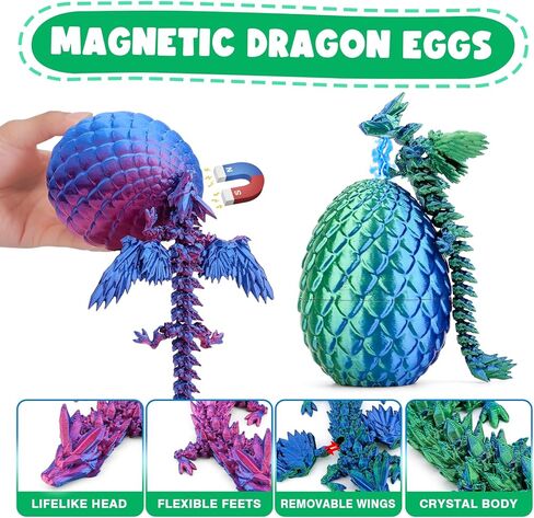 6 PCS Magnetic Dragon Egg Set - 2 بيض تنين مع 4 تنانين من الداخل ، تنينات مفصلية ثلاثية الأبعاد مع أجنحة قابلة للفصل ، والحيوانات المطبوعة ثلاثية الأبعاد ، لعبة تململ Toy للمراهقين والأطفال (الأرجواني+الأزرق) in Kuwait