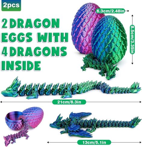 6 PCS Magnetic Dragon Egg Set - 2 بيض تنين مع 4 تنانين من الداخل ، تنينات مفصلية ثلاثية الأبعاد مع أجنحة قابلة للفصل ، والحيوانات المطبوعة ثلاثية الأبعاد ، لعبة تململ Toy للمراهقين والأطفال (الأرجواني+الأزرق) in Kuwait