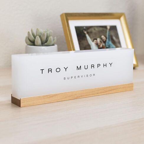 Personalized Acrylic Name Block w/Wooden Base (Design 3) - 9.75 x 2.75 x 1.125" Minimal Executive Desk CEO Job Office Decor Teacher or Promotion (Ice White Acrylic) in Saudi Arabia
