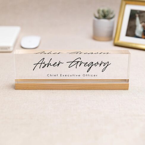 Personalized Acrylic Name Block w/Wooden Base (Design 3) - 9.75 x 2.75 x 1.125" Minimal Executive Desk CEO Job Office Decor Teacher or Promotion (Ice White Acrylic) in Saudi Arabia