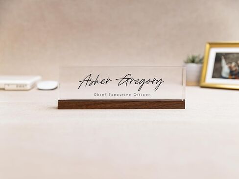 Personalized Acrylic Name Block w/Wooden Base (Design 3) - 9.75 x 2.75 x 1.125" Minimal Executive Desk CEO Job Office Decor Teacher or Promotion (Ice White Acrylic) in Saudi Arabia
