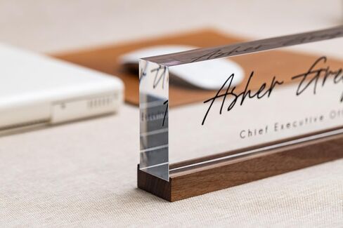 Personalized Acrylic Name Block w/Wooden Base (Design 3) - 9.75 x 2.75 x 1.125" Minimal Executive Desk CEO Job Office Decor Teacher or Promotion (Ice White Acrylic) in Saudi Arabia