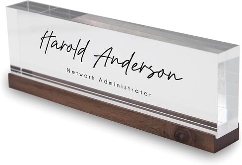Personalized Acrylic Name Block w/Wooden Base (Design 3) - 9.75 x 2.75 x 1.125" Minimal Executive Desk CEO Job Office Decor Teacher or Promotion (Ice White Acrylic) in Saudi Arabia