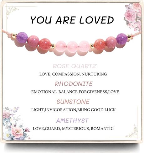 You Are Loved Gifts for Women - Rose Quartz Bracelet - Handmade Natural Amethyst Rhodonite Sunstone Beads Braided Rope Inspirational Bracelet Encouragement Gifts for Women in Saudi Arabia