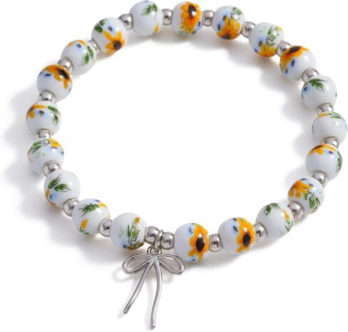 Beads Bow Charm Bracelet for Women,Flower Floral Antique Vintage Bracelet Handmade 14 Gold Plated Beaded and Bow Stretch Bracelet Aesthetic Jewlery Gifts in Saudi Arabia