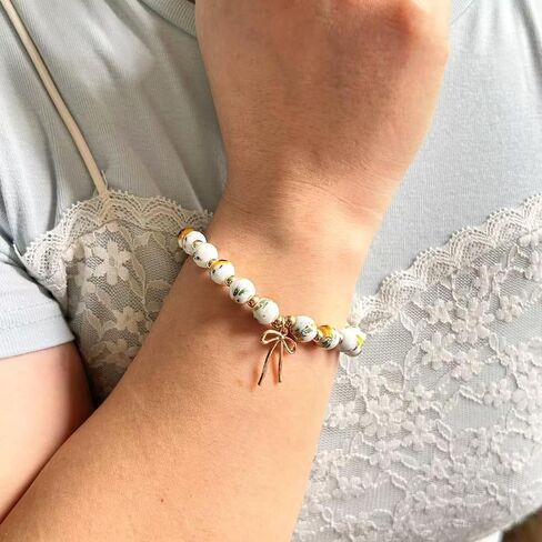 Beads Bow Charm Bracelet for Women,Flower Floral Antique Vintage Bracelet Handmade 14 Gold Plated Beaded and Bow Stretch Bracelet Aesthetic Jewlery Gifts in Saudi Arabia