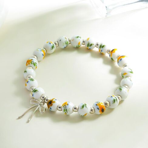 Beads Bow Charm Bracelet for Women,Flower Floral Antique Vintage Bracelet Handmade 14 Gold Plated Beaded and Bow Stretch Bracelet Aesthetic Jewlery Gifts in Saudi Arabia