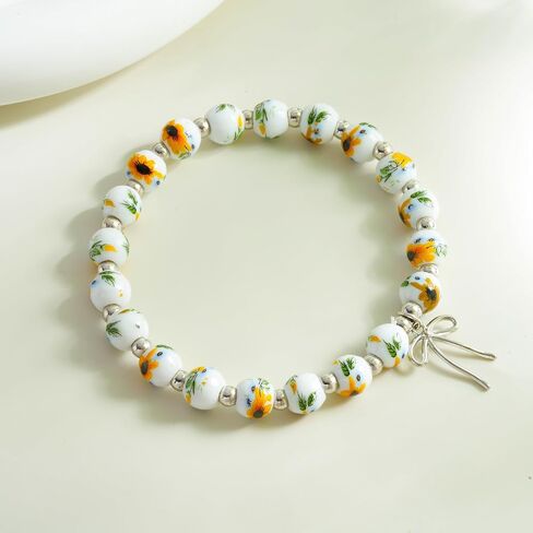 Beads Bow Charm Bracelet for Women,Flower Floral Antique Vintage Bracelet Handmade 14 Gold Plated Beaded and Bow Stretch Bracelet Aesthetic Jewlery Gifts in Saudi Arabia
