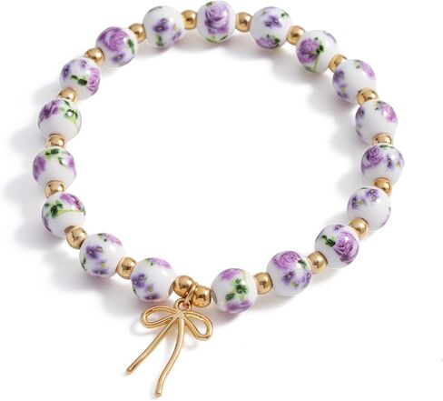 Beads Bow Charm Bracelet for Women,Flower Floral Antique Vintage Bracelet Handmade 14 Gold Plated Beaded and Bow Stretch Bracelet Aesthetic Jewlery Gifts in Saudi Arabia