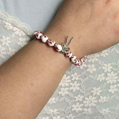Beads Bow Charm Bracelet for Women,Flower Floral Antique Vintage Bracelet Handmade 14 Gold Plated Beaded and Bow Stretch Bracelet Aesthetic Jewlery Gifts in Saudi Arabia
