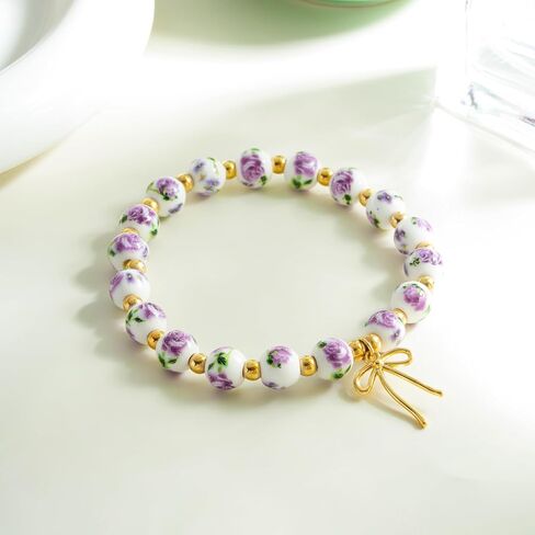 Beads Bow Charm Bracelet for Women,Flower Floral Antique Vintage Bracelet Handmade 14 Gold Plated Beaded and Bow Stretch Bracelet Aesthetic Jewlery Gifts in Saudi Arabia