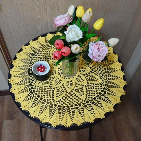 BIBITIME 23 inches Handmade Crochet Bohemian Lotus Flower Lace Doilies Round Tablecloth Bedroom Dresser Table Placemat Yellow in Saudi Arabia