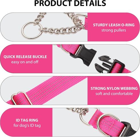 Martingale Dog Collar with Quick Release Buckle Steel Chain No Pull Training Reflective Collar for Medium Large Dogs(Pink, Medium) in Saudi Arabia