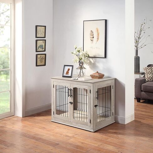 beeNbkks Furniture Style Dog Crate End Table, Double Doors Wooden Wire Dog Kennel with Pet Bed, Decorative Pet Crate Dog House Indoor Medium Large in Saudi Arabia