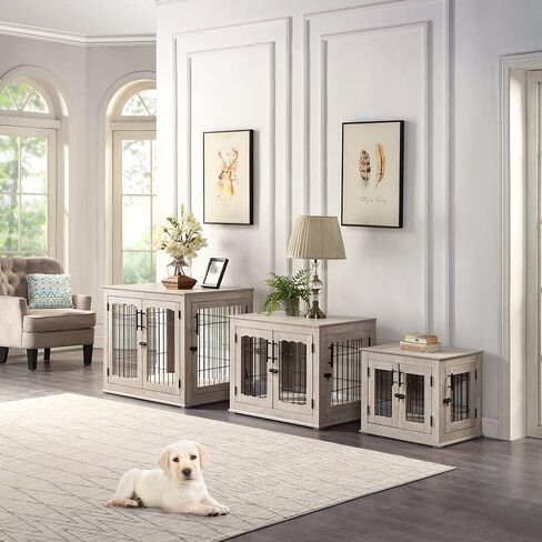 beeNbkks Furniture Style Dog Crate End Table, Double Doors Wooden Wire Dog Kennel with Pet Bed, Decorative Pet Crate Dog House Indoor Medium Large in Saudi Arabia