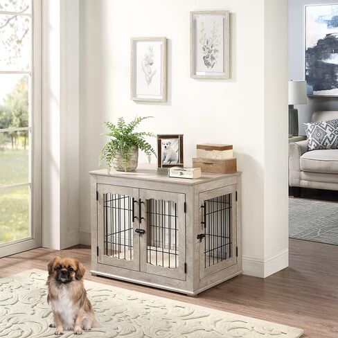 beeNbkks Furniture Style Dog Crate End Table, Double Doors Wooden Wire Dog Kennel with Pet Bed, Decorative Pet Crate Dog House Indoor Medium Large in Saudi Arabia