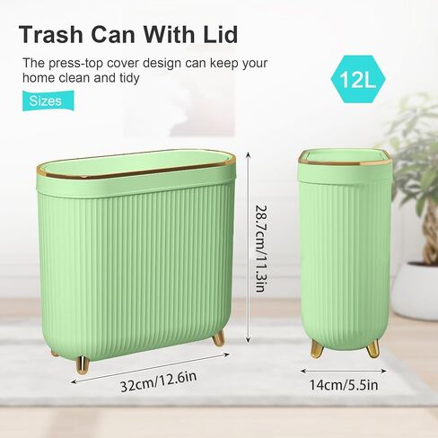 Aupekro Bathroom Trash Can with Lid, 3.1 Gallon/12 Liter Slim Rubbish Bin Wastebasket, Rectangular Plastic Narrow Garbage Container Bin for Living Room, Kitchen, Toilet, Office(Green) in Kuwait