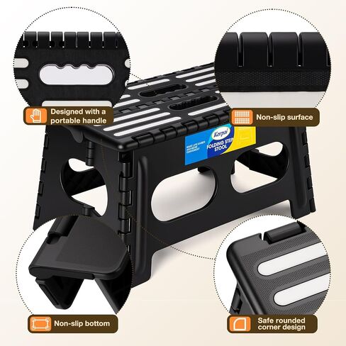 Korpai 5" Folding Step Stool for Adults and Kids 15-Inch Extra Wide Stool Holds Up to 300 lbs,Non-Slip Folding Stools with Handle,Compact Plastic Foldable Step Stool for Bathroom,Kitchen,ect, Black in Saudi Arabia