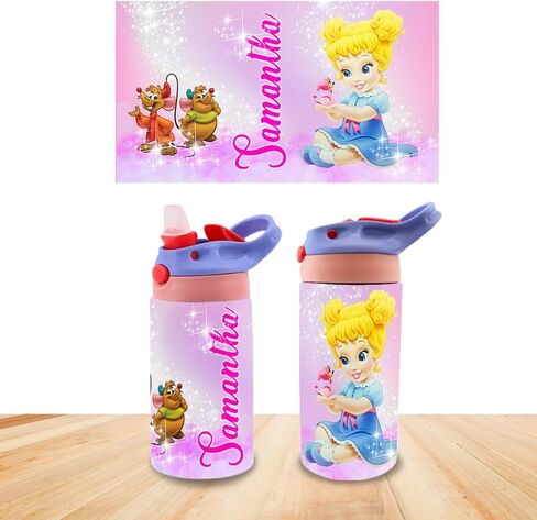 Personalized Baby Princesses Kids Water Bottle 12oz Insulated Tumbler with Lid and Custom Name (CINDERLLA) in Saudi Arabia