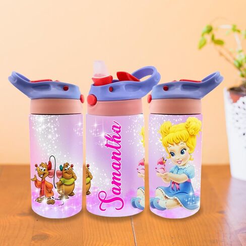 Personalized Baby Princesses Kids Water Bottle 12oz Insulated Tumbler with Lid and Custom Name (CINDERLLA) in Saudi Arabia