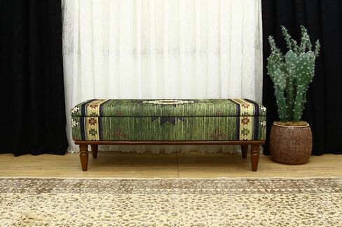 Ottoman Bench with Animal Print Rug Upholstered Handmade Wood Work for Boho Farmhouse Kitchen Dining Room, Decorative Leopard Design Ottoman Foot Rest for Livingroom Bedroom (18''D x 48''W x 18''H) in Saudi Arabia