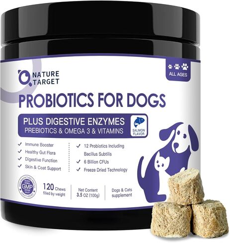 NATURE TARGET Probiotics for Dogs, 6 Billion CFUs Dog Probiotics for Digestive Health with Prebiotic and Digestive Enzymes, Rich in Omega 3 and Vitamins for Skin & Coat, Salmon-Flavored - 120 Counts in Saudi Arabia