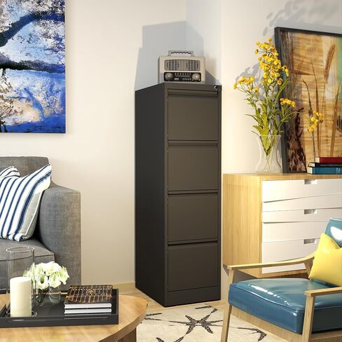 4 Drawer File Cabinet with Lock, 18" D Metal Vertical Filing Cabinets, Steel File Storage Cabinets for Home Office, Hanging A4 Legal/Letter Size Narrow File Cabinet, Assembly Required in Saudi Arabia