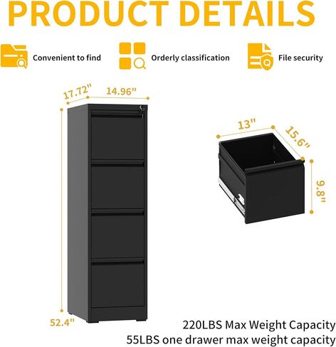 4 Drawer File Cabinet with Lock, 18" D Metal Vertical Filing Cabinets, Steel File Storage Cabinets for Home Office, Hanging A4 Legal/Letter Size Narrow File Cabinet, Assembly Required in Saudi Arabia