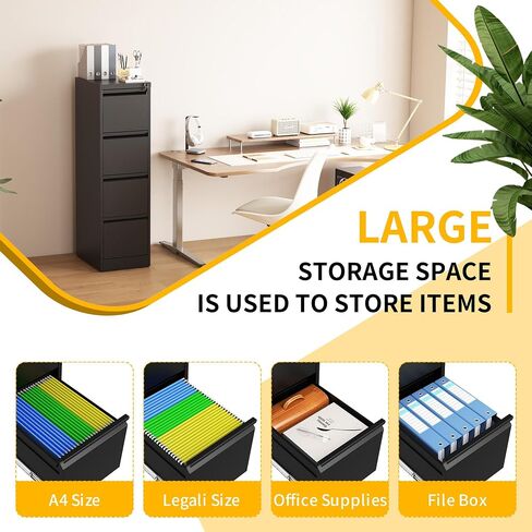 4 Drawer File Cabinet with Lock, 18" D Metal Vertical Filing Cabinets, Steel File Storage Cabinets for Home Office, Hanging A4 Legal/Letter Size Narrow File Cabinet, Assembly Required in Saudi Arabia