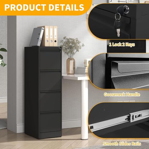 4 Drawer File Cabinet with Lock, 18" D Metal Vertical Filing Cabinets, Steel File Storage Cabinets for Home Office, Hanging A4 Legal/Letter Size Narrow File Cabinet, Assembly Required in Saudi Arabia