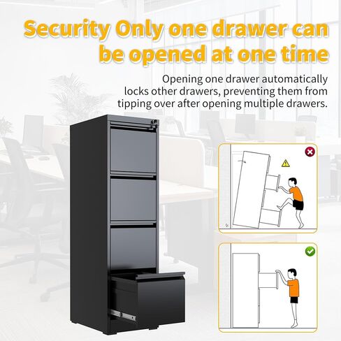 4 Drawer File Cabinet with Lock, 18" D Metal Vertical Filing Cabinets, Steel File Storage Cabinets for Home Office, Hanging A4 Legal/Letter Size Narrow File Cabinet, Assembly Required in Saudi Arabia