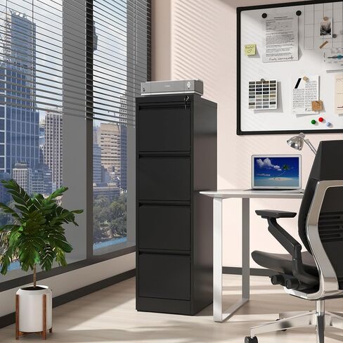 4 Drawer File Cabinet with Lock, 18" D Metal Vertical Filing Cabinets, Steel File Storage Cabinets for Home Office, Hanging A4 Legal/Letter Size Narrow File Cabinet, Assembly Required in Saudi Arabia