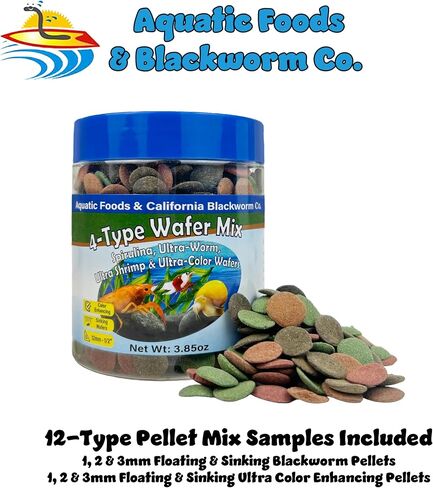 Aquatic Foods Inc. 4-Type 12mm - 1/2" Sinking Wafer Mix of Spirulina-Algae, Ultra-Worm, Shrimp, Color Enhancing for Shrimp, Snails, Crabs, Crayfish, Bottom Fish, 12-Type Pellet Mix Included 6.0oz in Kuwait
